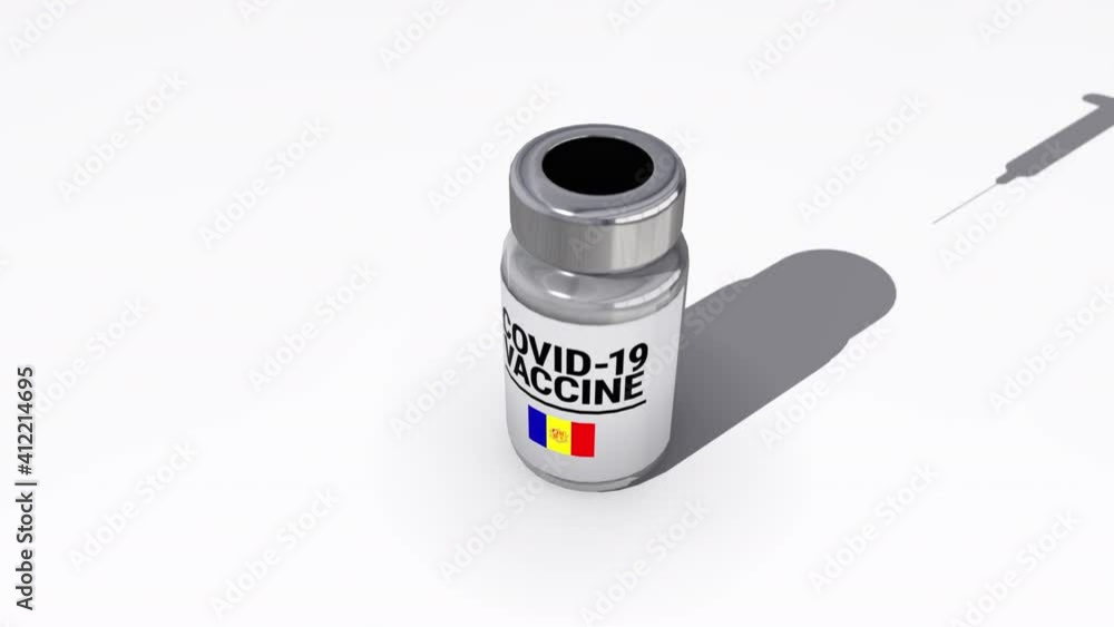 Seamless looping 3D animation of the covid-19 vaccine injection of a bottle with the flag of Andorra in 4K resolution Seamless looping 3D animation of the covid-19 vaccine injection of a bottle with the flag of Andorra in 4K resolution