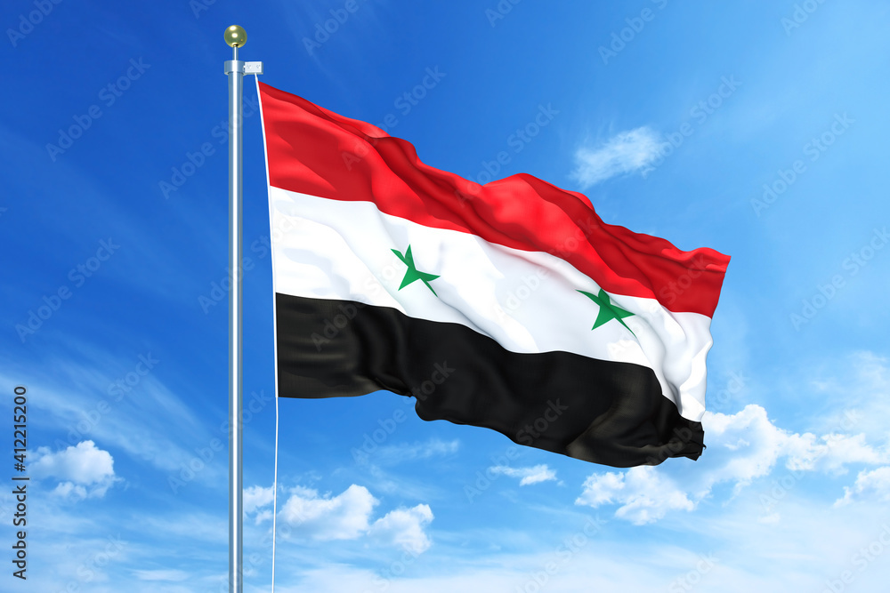 Syrian Arab Republic flag waving on a high quality blue cloudy sky, 3d illustration Syrian Arab Republic flag waving on a high quality blue cloudy sky, 3d illustration