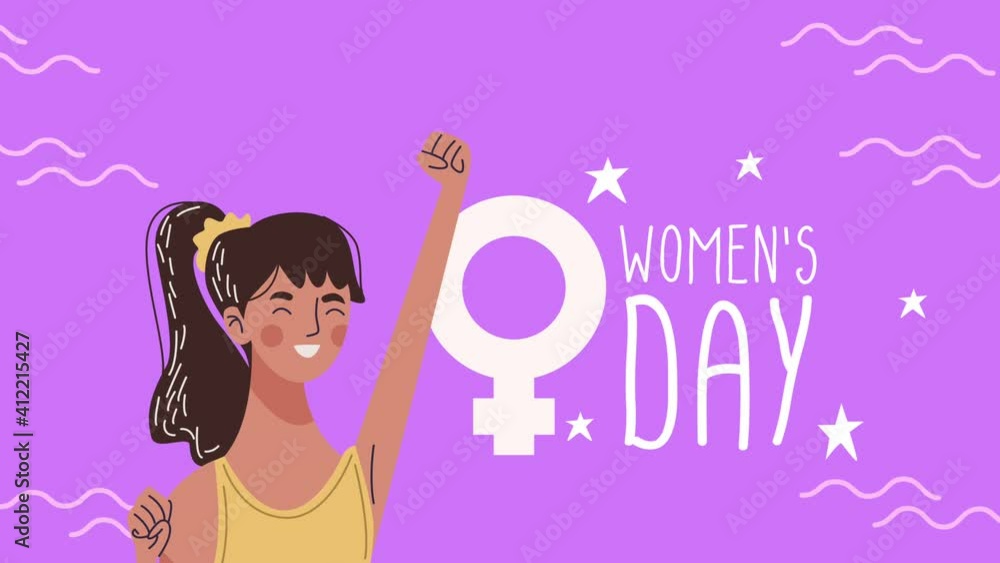 happy womens day lettering card with cute girl lifting hand happy womens day lettering card with cute girl lifting hand