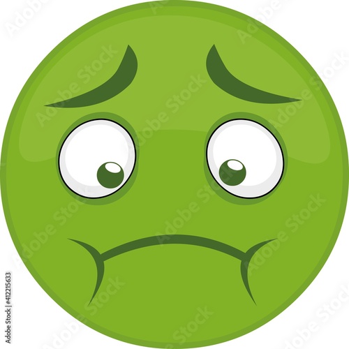 Vector illustration of an emoticon with a green face, with a dizzy and decomposed expression