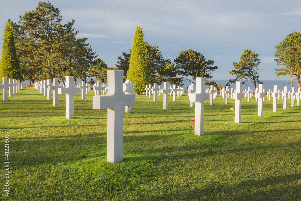 The Normandy World War II American Cemetery and Memorial in Colleville-sur-Mer, Normandy, France, honours American troops who died in Europe.