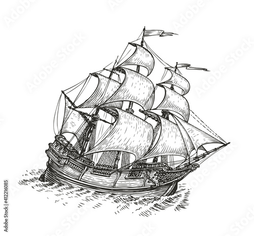 Ship drawn sketch. Vintage vector illustration isolated on white background