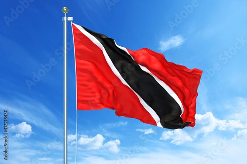 Trinidad and Tobago flag waving on a high quality blue cloudy sky, 3d illustration