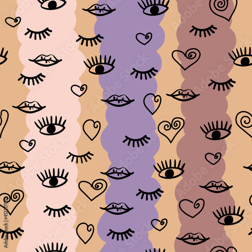 Seamless pattern with funny eyes and lips. Beautiful colors with black line. Vintage stile