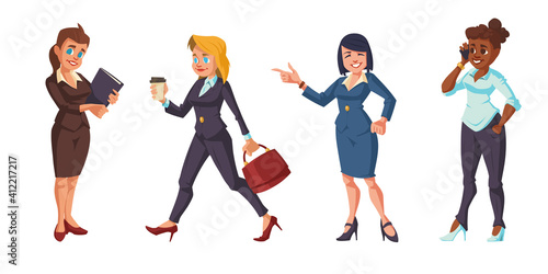 Cartoon business women isolated on white background. Young multiracial female characters wearing formal suits holding briefcase, coffee, speak by mobile, office workers vector people illustration set
