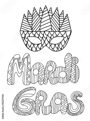 Mardi Gras poster with venetian mask stock vector illustration. Zen  art words Mardi Gras and mask coloring page for kids and adults. Hand drawn ornamental festival set for cards, posters, etc