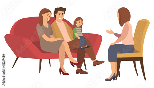 Conversation between parents, child and female psychologist or psychotherapist. Family psychotherapy, psychotherapeutic aid for children with mental problems. Flat cartoon vector illustration