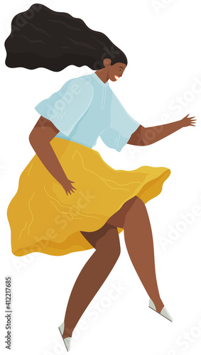 Cartoon female soaring and flying in the air dreaming person in movement pose isolated on white background. Woman floating in imagination dream. A girl flying in dreams or sky wearing casual clothes