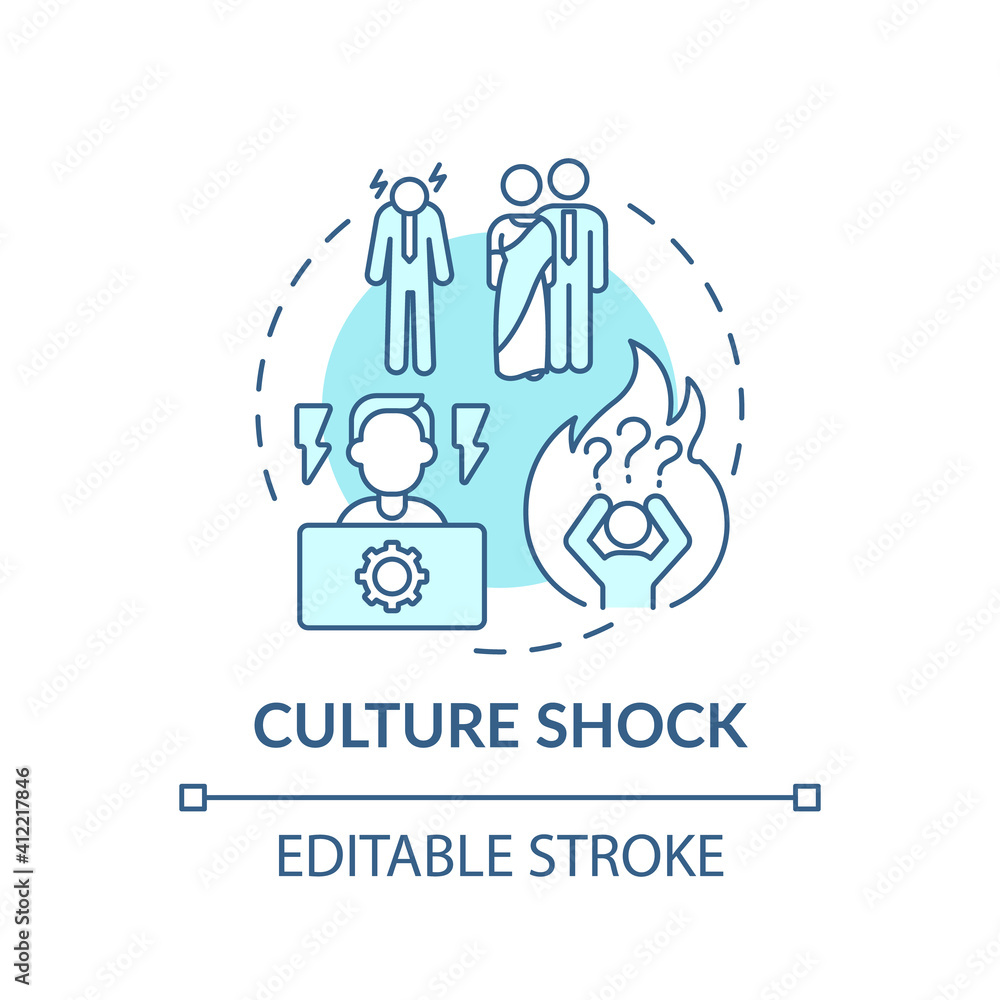 Entering new culture person has unpleasant sensations concept icon. Conflict different cultures idea thin line illustration. Vector isolated outline RGB color drawing. Editable stroke Entering new culture person has unpleasant sensations concept icon. Conflict different cultures idea thin line illustration. Vector isolated outline RGB color drawing. Editable stroke
