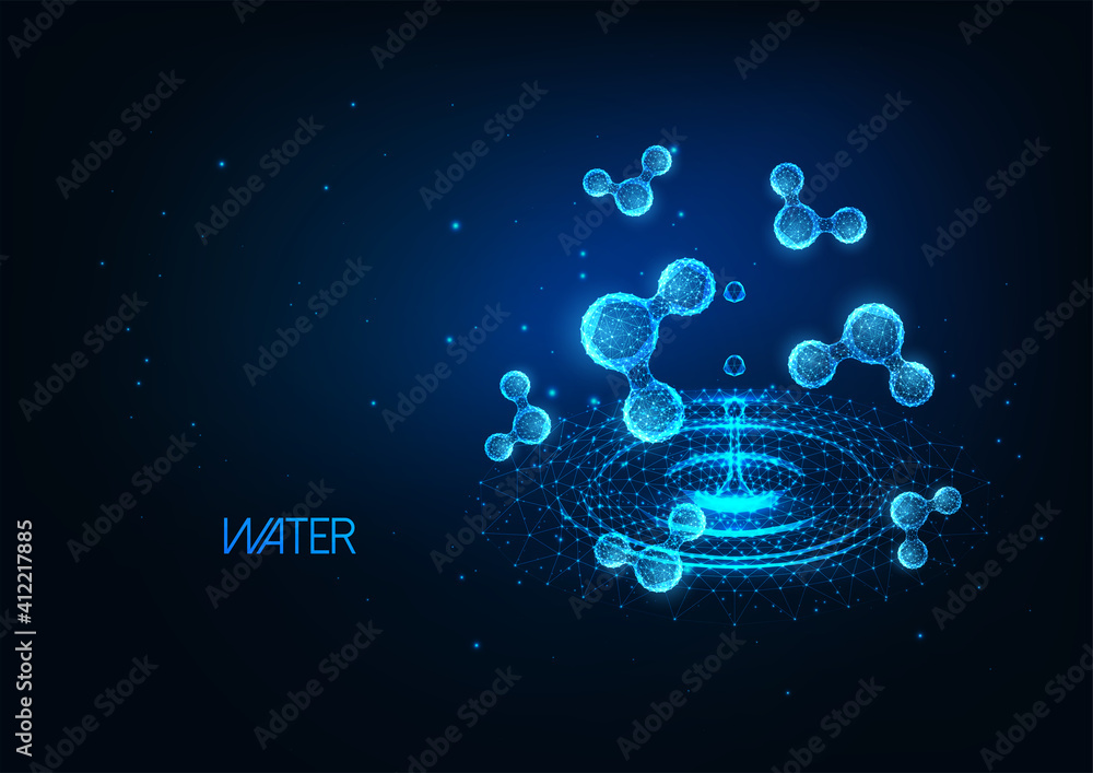 Fototapeta premium Futuristic cosmetology research banner concept with glowing low polygonal water molecules and puddle