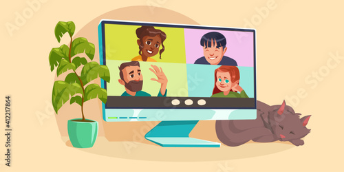 Virtual online video conference on computer desktop with people group chatting. Home Pc with sleeping cat and plant. Business colleagues or friends meeting, distant communication, Cartoon illustration