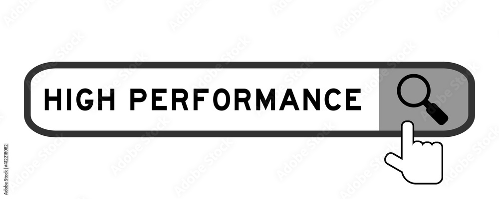 Search banner in word high performance with hand over magnifier icon on white background Search banner in word high performance with hand over magnifier icon on white background