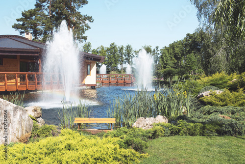 Fountains on the lake in the landscape park Mezhigirya near Kiev, Ukraine.