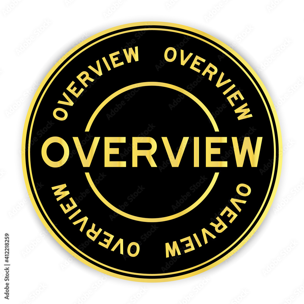 Black and gold color round label sticker in word overview on white background