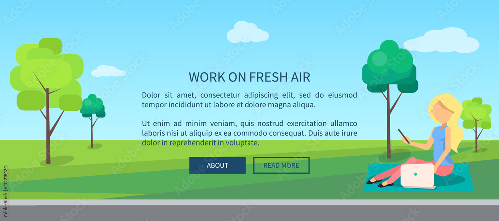 Fototapeta premium Work on fresh air conceptual vector banner with blonde woman working on laptop sitting on grass, freelancer with notebook in city park