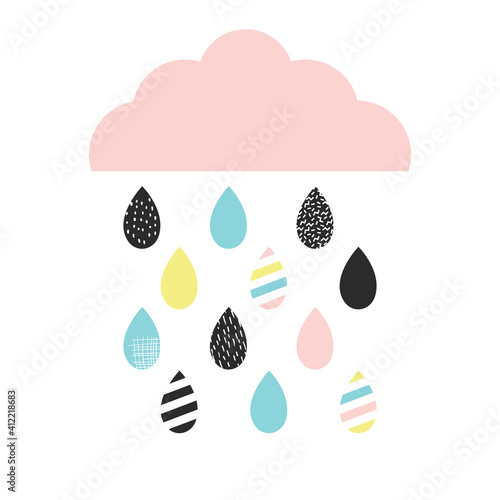 Rain cloud with multicolored drops isolated on white background. Vector illustration in memphis style
