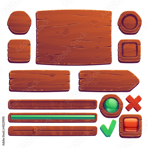 Wooden game buttons, cartoon game interface of wood texture, menu boards, ui or gui design elements. Slider, red and green keys, user panel isolated on white background, Vector illustration, icons set