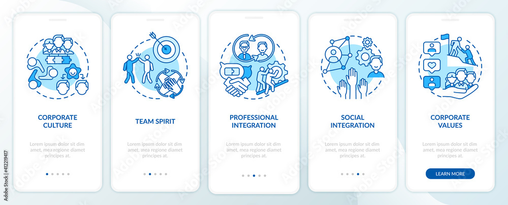 Corporate values onboarding mobile app page screen with concepts. Teamwork. Worker adaptation elements walkthrough 5 steps graphic instructions. UI vector template with RGB color illustrations Corporate values onboarding mobile app page screen with concepts. Teamwork. Worker adaptation elements walkthrough 5 steps graphic instructions. UI vector template with RGB color illustrations