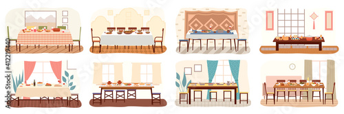Set of dining room design flat vector. Dining table with food and chairs nearby. Furniture model for interior of a room for dinner eating and spending time. Arrangement of furniture at home for lunch