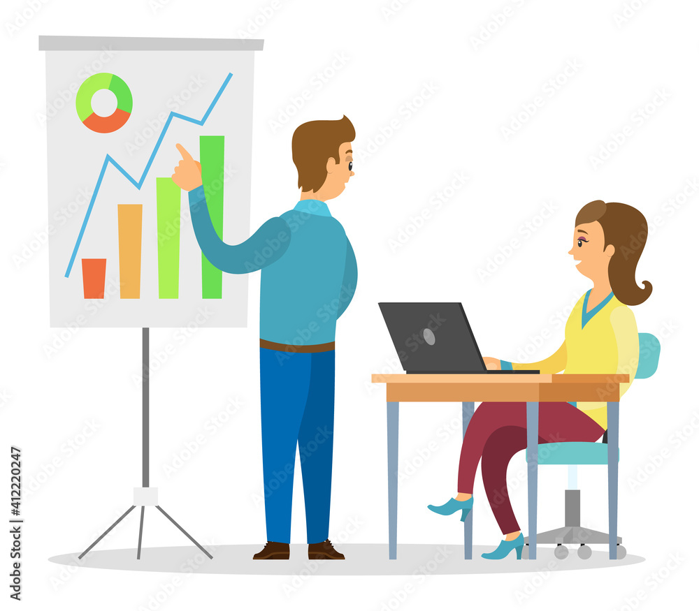 Woman looking at graphs and diagrams on board sitting at table with laptop. Man presenting graphical analysis, financial plan to boss. Businesspeople talking, planning, discussing strategy of business Woman looking at graphs and diagrams on board sitting at table with laptop. Man presenting graphical analysis, financial plan to boss. Businesspeople talking, planning, discussing strategy of business