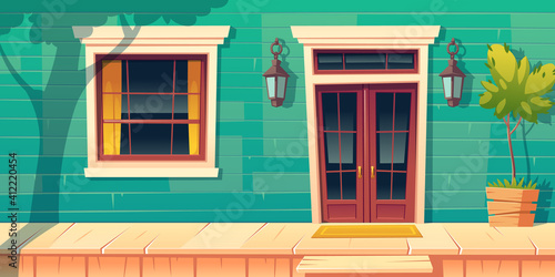 House facade with wooden porch and steps. Vector cartoon building exterior, home front with lamps on green wall and tree plant on veranda. Entrance for suburban apartment with terrace