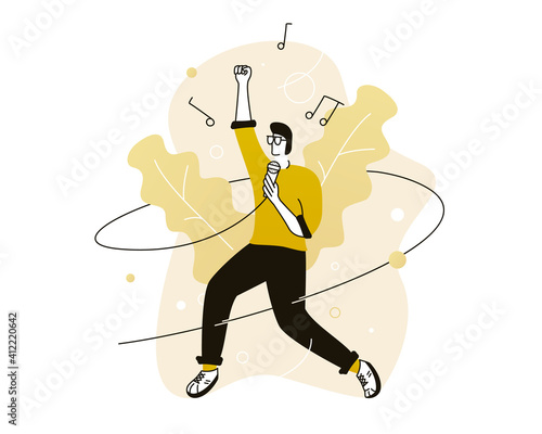 The musician sings on stage. Karaoke concept. Music Vector illustration with Web communication idea for telework, remote working, social media
