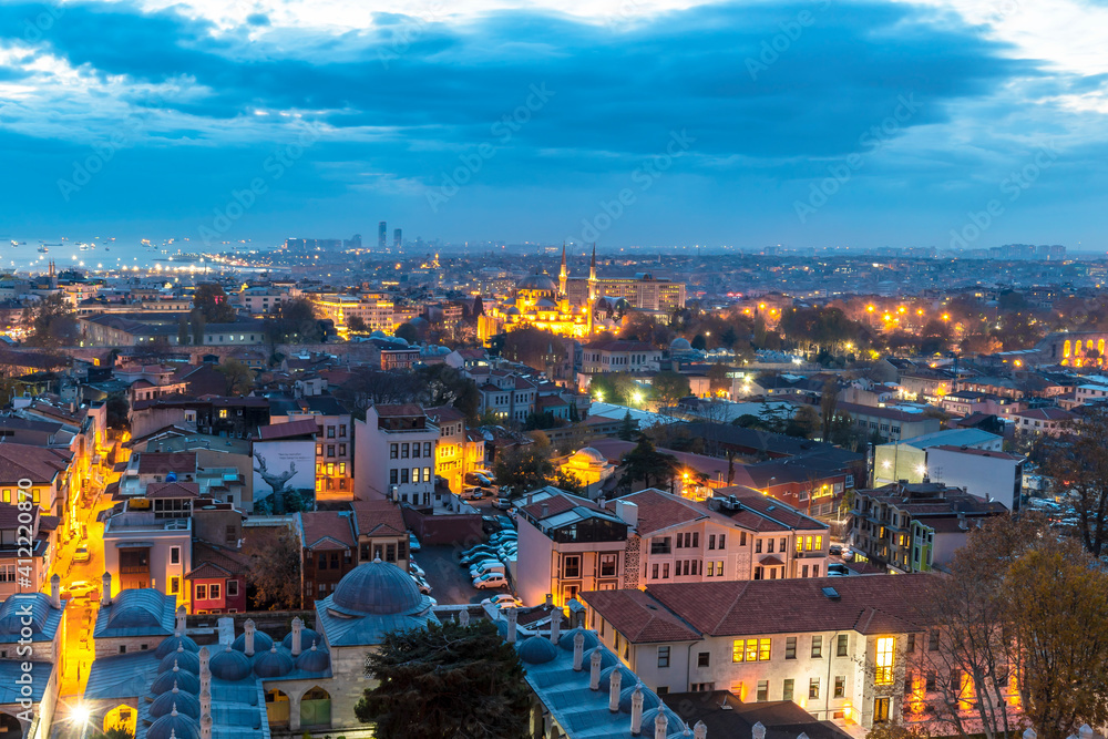Sehzade Mosque and Istanbul Metropolitan Municipality night view from Suleymaniye Mosque in Istanbul