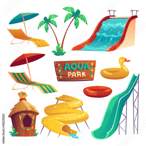 Aqua park with water slides, inflatable rings, umbrellas and lounger. Vector cartoon set of resort aquapark on sea beach or swimming pool with spiral pipe and waterslides isolated on white background