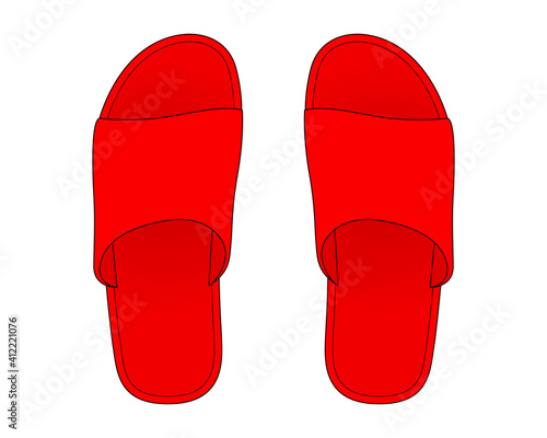 Red Slipper Shoes Template On White Background, Top View.
