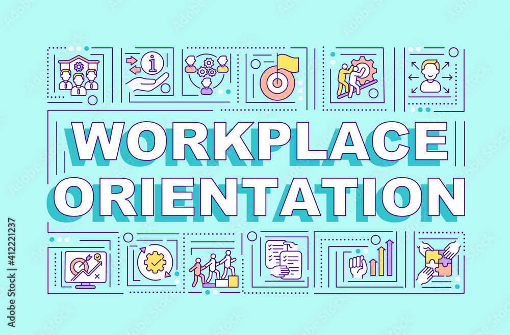Workplace orientation word concepts banner. Help new employee. New job adaptation. Infographics with linear icons on blue background. Isolated typography. Vector outline RGB color illustration