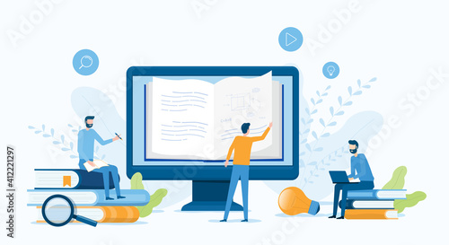 online education and E-learning at home with online video training concept. people use computer for online reading and online library. Flat vector illustration design.