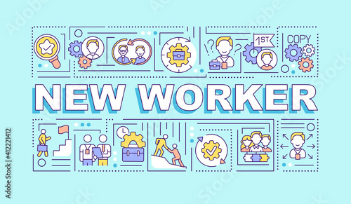 New worker word concepts banner. HR management. Employee adaptation. Infographics with linear icons on turquoise background. Isolated typography. Vector outline RGB color illustration