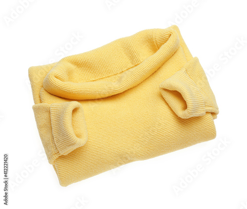 Yellow woolen sweater isolated on white. Warm clothes