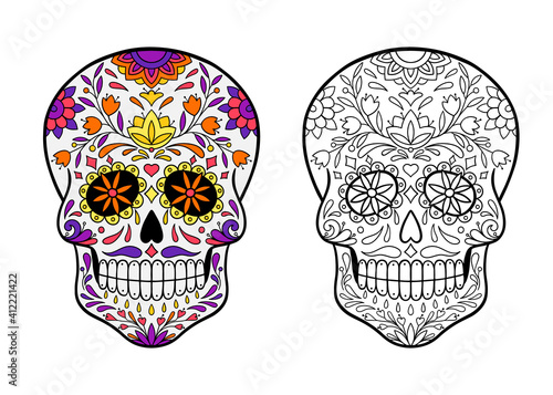 sugar skull coloring page, and an example of coloring