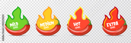Spicy hot red chili pepper icons set with flame and rating of spicy. Vector spicy food level sticker collection, mild, medium hot and extra hot level of pepper sauce or snack food