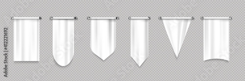 White pennant flags different shapes, canvas pendants for sport teams, varsity or heraldic symbols. Vector realistic template of blank hanging textile pennons isolated on transparent background