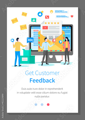 Get customer feedback landing page template. Businessmen getting monney from manager or client. Group of colleagues stands near a computer with an email or letter. Website layout vector illustration