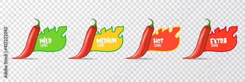 Spicy hot red chili pepper icons set with flame and rating of spicy. Vector spicy food level sticker collection, mild, medium hot and extra hot level of pepper sauce or snack food
