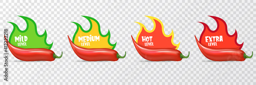 Spicy hot red chili pepper icons set with flame and rating of spicy. Vector spicy food level sticker collection, mild, medium hot and extra hot level of pepper sauce or snack food
