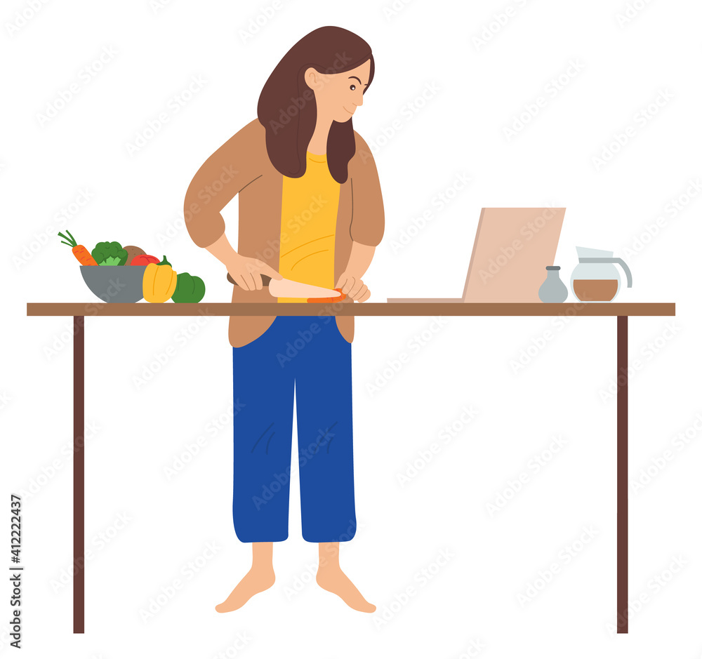 Woman is standing and preparing food, looking at a laptop. Surfing internet, browsing web pages, watching master classes. Girl learns to cook using a laptop. Flat cartoon vector illustration