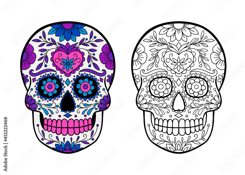 Sugar skull - coloring book page with coloring example. Stock Vector | Adobe Stock