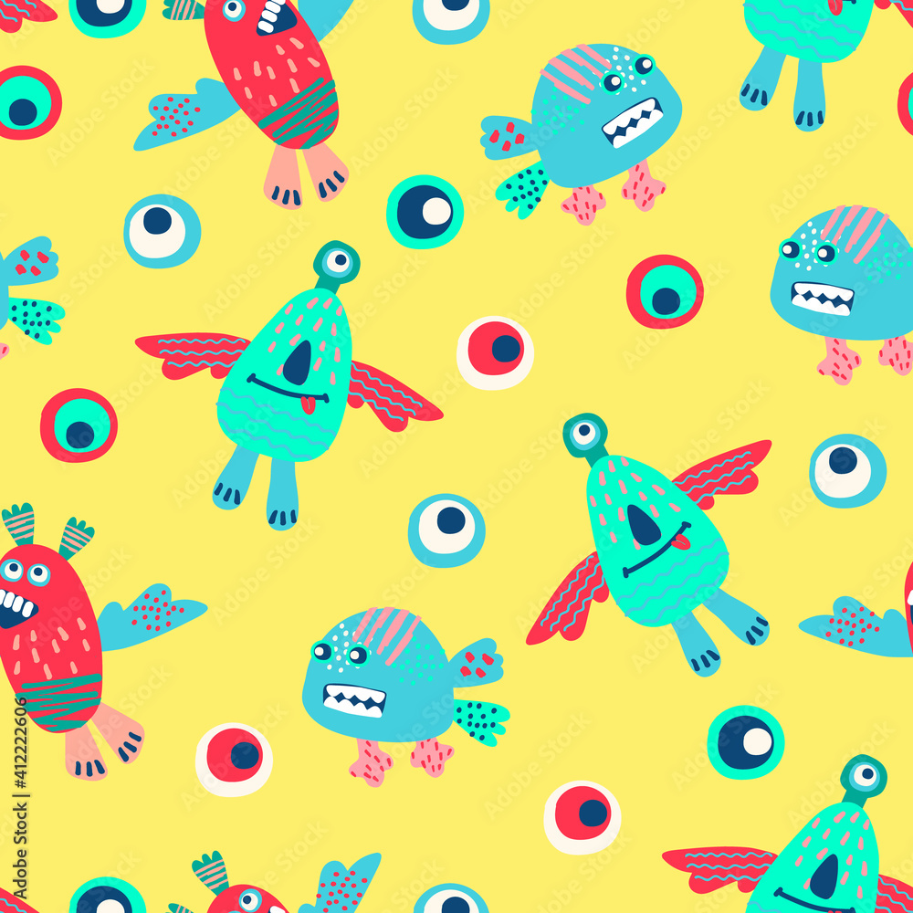 Fototapeta premium Seamless pattern with hand drawn funny monsters. Cheerful wallpaper for children, background for kids stationery