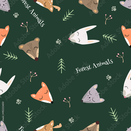 Cute forest animals, seamless pattern for baby clothes, textile print. Head of wolf, fox, rabbit, bear, deer, tree, berries. Childrens vector illustration on dark green background, kid room decoration