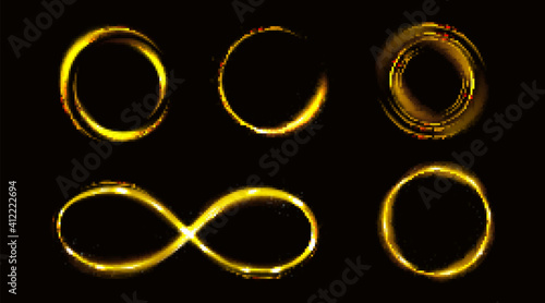 Glow gold infinity symbol and circles with sparkles, golden frames, shiny borders with glitter or fairy dust, glowing rings, isolated fantasy design elements, Realistic 3d vector illustration, set