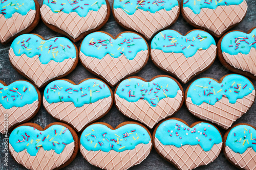 Valentine's day cookies background, top view 