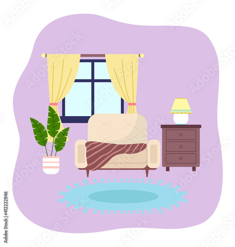 Living room interior design flat vector illustration. The houseplant next to armchair covered with a blanket. Arrangement of furniture and layout in the apartment. Glazed window with yellow curtains