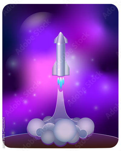 Starship. The spacecraft takes off from a desert planet with nebulae and stars in the background. Rocket start - vector full color stylized illustration. The spaceship takes off, a column of flame and