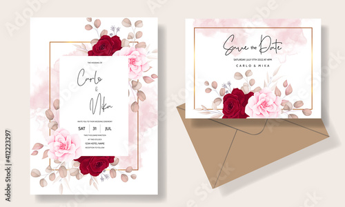 Beautiful hand drawing wedding invitation maroon floral design