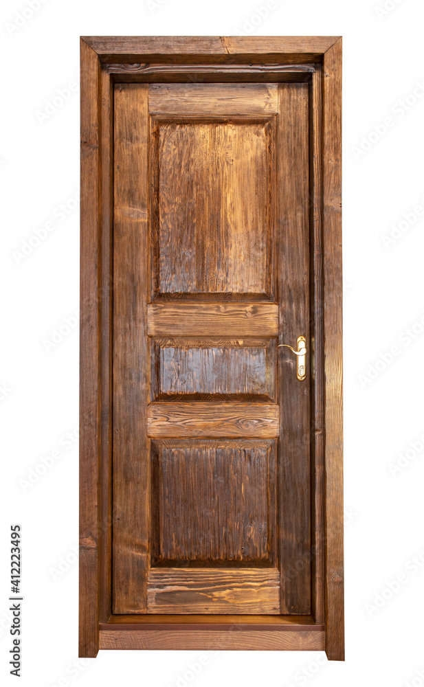 Vintage brown wooden door. Isolated on white background. Inside. Handmade.
