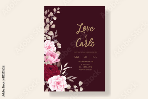 Beautiful hand drawing wedding invitation maroon floral design